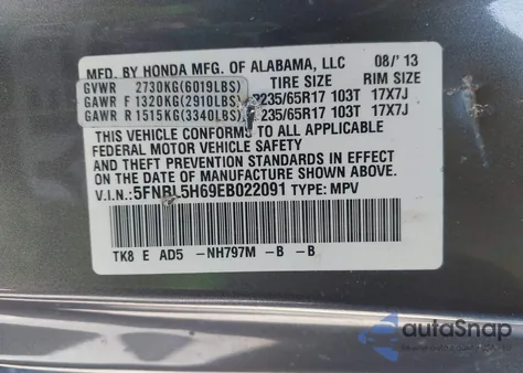 2014 Honda Odyssey Ex-L z USA, uszkodzony, nr VIN 5FNRL5H69EB022091